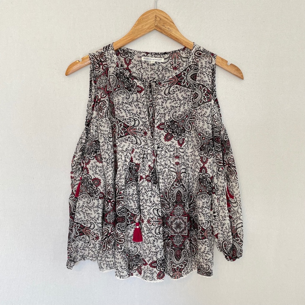 REBECCA MINKOFF Small Cold Shoulder White Black & Red Paisley Print Blouse